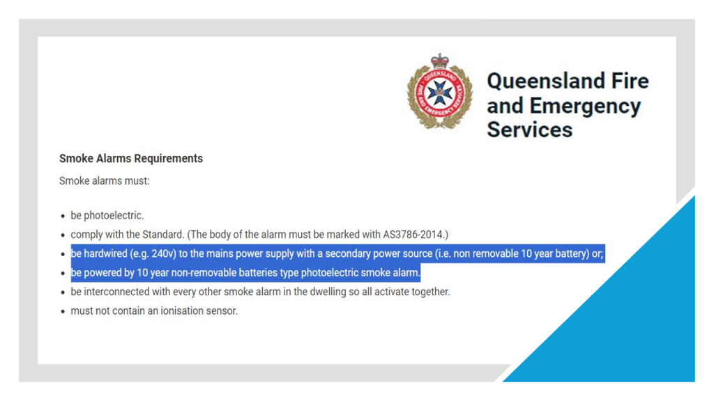 QLD Fire Department hardwired smoke alarm vs wireless battery powered smoke alarm requirements