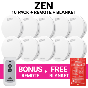 ZEN Photoelectric Smoke Alarm 10 Pack + Bonus Remote & Free Fire Blanket