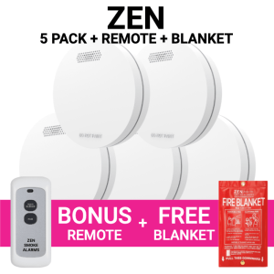 ZEN Photoelectric Interconnected Smoke Alarm 5 Pack + Bonus Remote & Free Fire Blanket