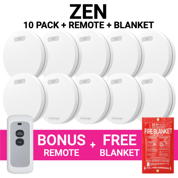 ZEN Photoelectric Interconnected Smoke Alarm 10 Pack + Bonus Remote & Free Fire Blanket